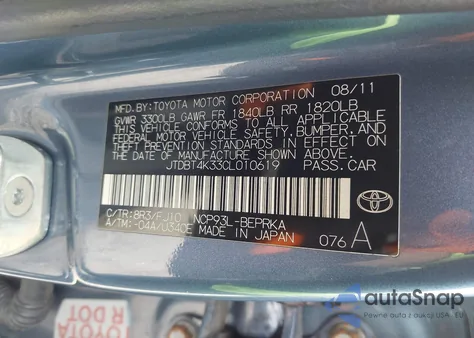 2012 Toyota Yaris z USA, uszkodzony, nr VIN JTDBT4K33CL010619